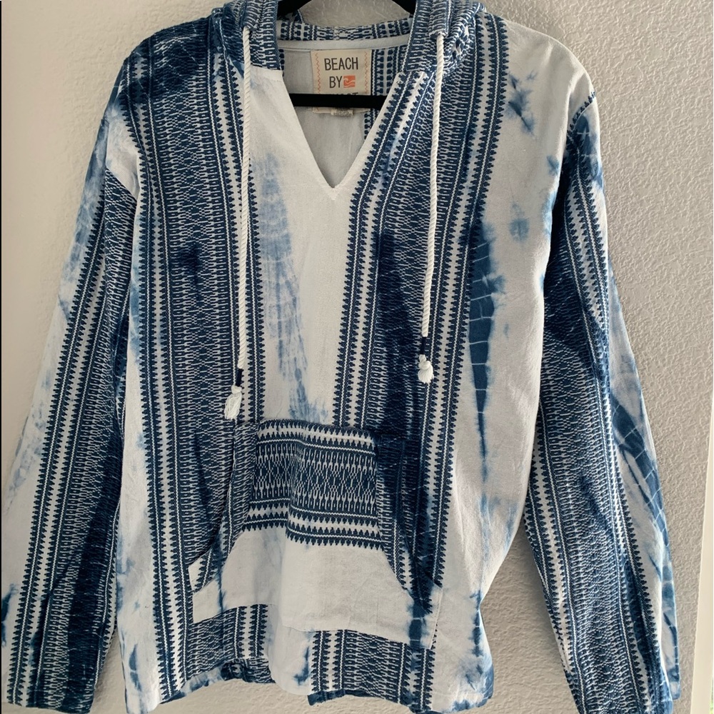 Blue and white poncho with hood